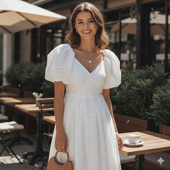 Astr Dresses & Skirts - NWT ASTR Linette Puff Sleeve Tonal Jacquard Midi Dress White One Size
